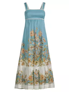 Ярусное платье-миди из ситца с цветочным принтом Zimmermann, цвет blue daisy floral
