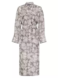 Платье-рубашка из шелкового эпонжа с принтом гинкго, поясом и блестящими манжетами Brunello Cucinelli, серый