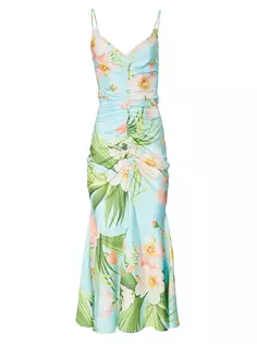 Шелковое платье-миди со сборками и цветочным принтом Carolina Herrera, мультиколор