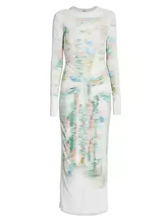 Платье макси с размытым принтом и длинными рукавами Loewe, белый