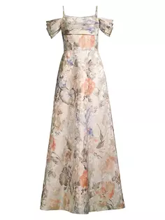 Жаккардовое платье с открытыми плечами и цветочным принтом Aidan Mattox, мультиколор