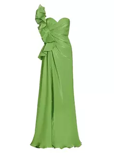 Плиссированное платье с листьями на одно плечо Badgley Mischka, цвет aloe