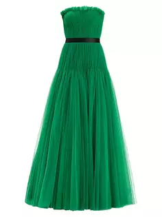 Плиссированное платье без бретелек из тюля Zac Posen, цвет emerald
