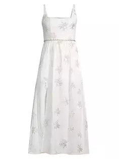 Льняное платье-миди с расклешенным силуэтом Lucid Dreams Olivia с цветочным принтом и пайетками Waimari, белый