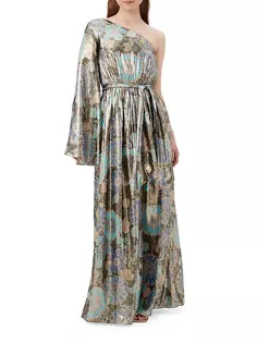 Платье макси на одно плечо из шелковой смеси Amida с цветочным принтом Trina Turk, синий
