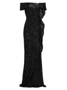 Атласное платье с оборками и пайетками Teri Jon By Rickie Freeman, черный