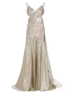 Драпированное платье Lamé Mousseline с V-образным вырезом Oscar De La Renta, цвет silver