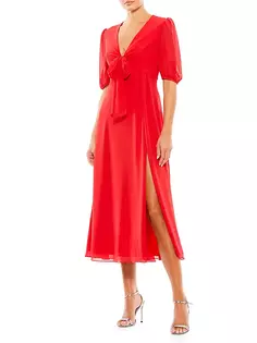 Платье-миди длиной до колена с V-образным вырезом и бантом с разрезом Mac Duggal, цвет chili