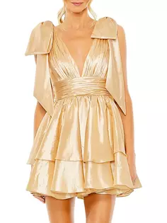 Мини-платье с бантом на плечах и оборками Mac Duggal, цвет pale gold