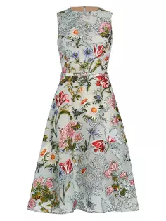 Асимметричное платье-миди с поясом и цветочным принтом Oscar De La Renta, мультиколор