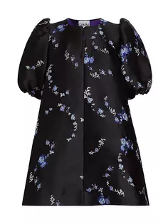 Жаккардовое мини-платье с пышными рукавами и цветочным принтом Ganni, черный
