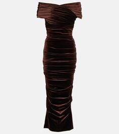 Бархатное платье миди с открытыми плечами Alex Perry, коричневый