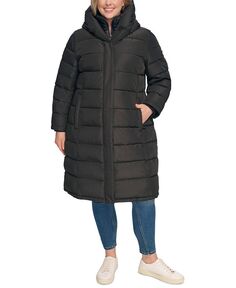 Женское пуховое пальто больших размеров с капюшоном и нагрудником DKNY, черный