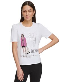 Женская футболка с рисунком спереди и пышными рукавами для двух девочек DKNY, цвет Pink Jacket