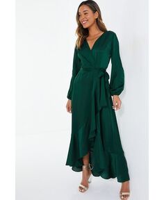 Женское атласное платье макси с запахом и длинными рукавами и оборками QUIZ, зеленый