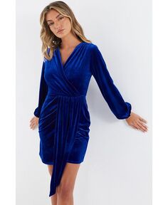 Женское бархатное облегающее платье с запахом и поясом QUIZ, синий