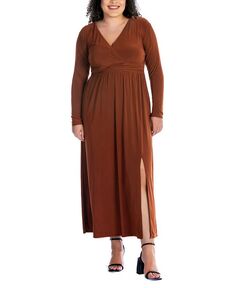 Платье макси с V-образным вырезом и длинными рукавами больших размеров 24seven Comfort Apparel, коричневый