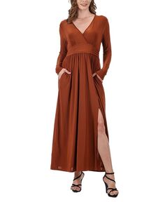 Женское платье макси с V-образным вырезом и длинным рукавом с боковым разрезом 24seven Comfort Apparel, коричневый