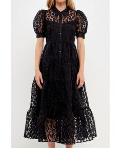 Женское платье макси на пуговицах с животным принтом English Factory, черный