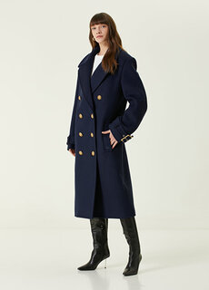 Темно-синее двубортное шерстяное пальто Balmain