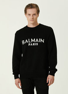 Черный шерстяной жаккардовый свитер с логотипом Balmain