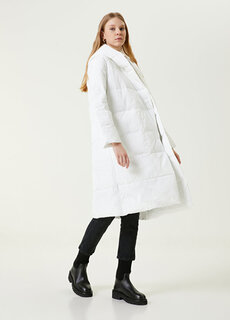 Белое стеганое длинное пальто с капюшоном Beymen
