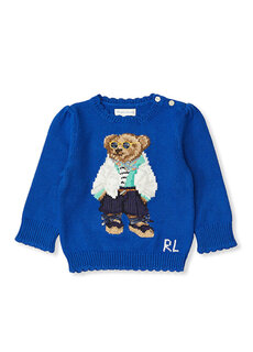 Синий свитер с вышивкой плюшевого мишки для девочки Polo Ralph Lauren