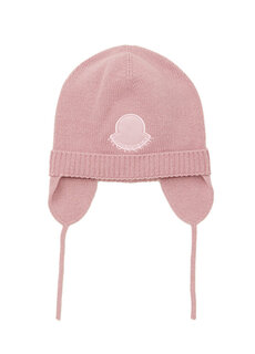 Шерстяная шапка для девочек розового цвета с вышитым логотипом Moncler
