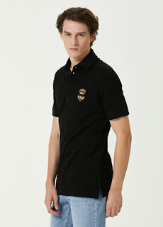 Черная футболка с воротником-поло с вышивкой Dolce&amp;Gabbana