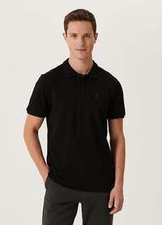 Черная футболка комфортного кроя с воротником-поло и фактурной деталью Beymen