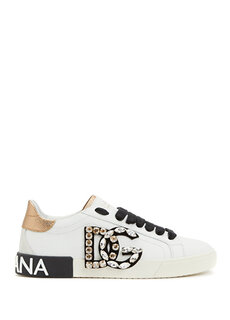 Женские кожаные кроссовки с логотипом из белых и черных камней Dolce&amp;Gabbana