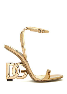 Золотые женские кожаные босоножки на каблуке с логотипом Dolce&amp;Gabbana