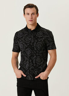 Черная футболка с воротником-поло с узором в стиле барокко Versace