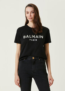 Черная серебряная футболка с логотипом Balmain