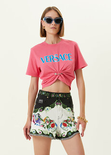 Розовая укороченная футболка с логотипом и круглым вырезом Versace