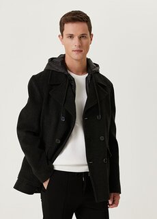 Шерстяное двубортное короткое пальто антрацитового цвета с капюшоном Beymen