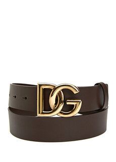 Мужской кожаный ремень с коричневой пряжкой с логотипом Dolce&amp;Gabbana