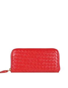 Женский красный итальянский кожаный тканый кошелек на молнии концертина Fontanelli, красный