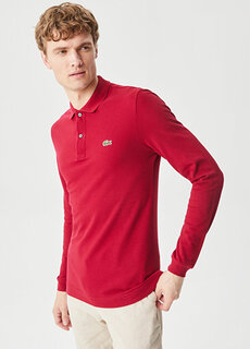 Мужская приталенная бордово-красная футболка-поло с длинными рукавами Lacoste