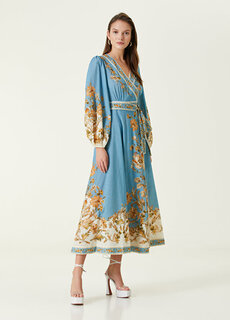 Синее платье-миди с запахом и цветочным принтом Zimmermann