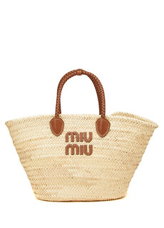 Бежевая женская соломенная пляжная сумка с логотипом Miu Miu