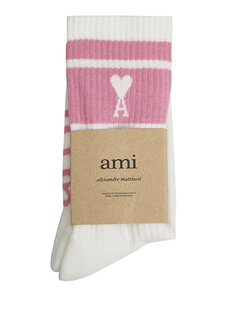 Розово-белые женские жаккардовые носки с логотипом Ami