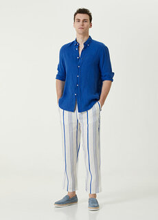 Бело-синие льняные брюки в полоску с шнуровкой на талии Peninsula