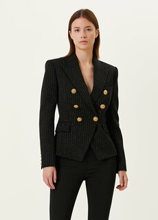Двубортный шерстяной пиджак в золотую полоску черного цвета Balmain