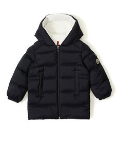 Темно-синее пальто с капюшоном и логотипом для мальчика Moncler