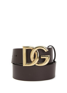 Мужской кожаный ремень с коричневой пряжкой с логотипом Dolce&amp;Gabbana