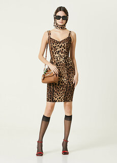 Мини-платье из шелка с v-образным вырезом и леопардовым узором Dolce&amp;Gabbana