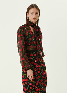 Черная шелковая блузка с вишневым принтом и кружевным воротником Dolce&amp;Gabbana