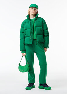 Стеганое зеленое женское пальто с воротником-стойкой Lacoste