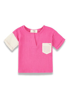 Розовая детская футболка унисекс с цветными блоками и одним карманом, судейский воротник Lally Things